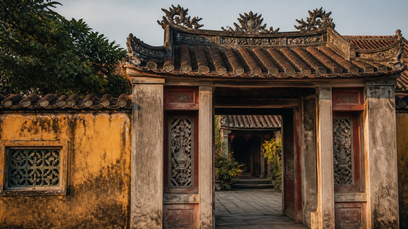 Mái ngói và chi tiết trang trí cổ tại cổng chùa Bà Mụ Hội An