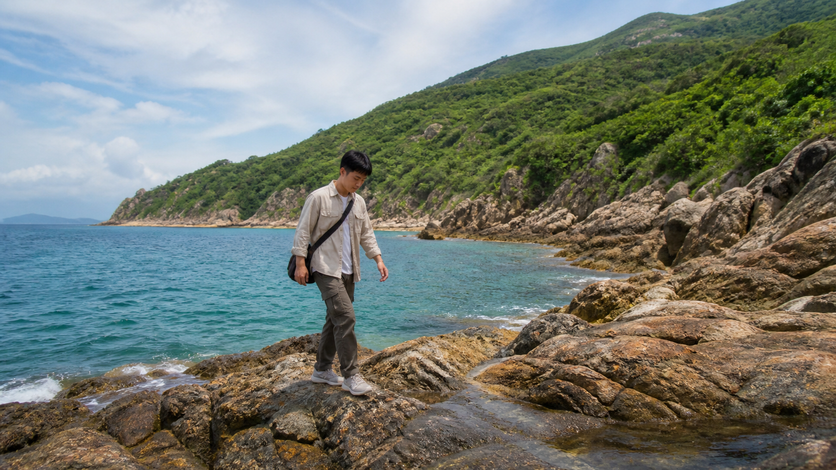 Du khách đi cẩn thận trên bờ đá Bãi Tiên Nha Trang