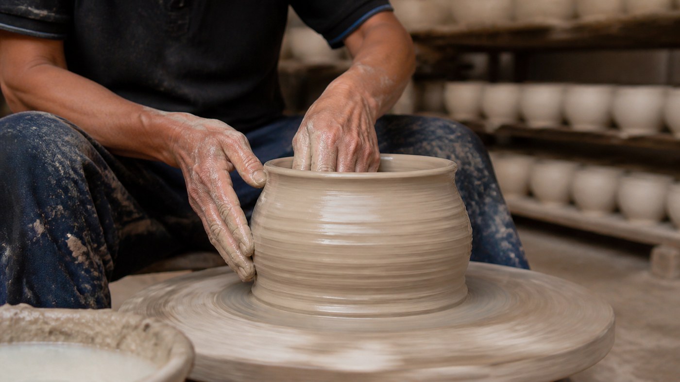 Nghệ nhân tạo hình bình gốm trên bàn xoay tại Bát Tràng