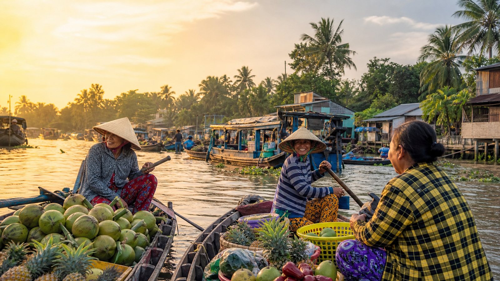 Du khách đi thuyền giữa vườn cây miền Tây mùa khô