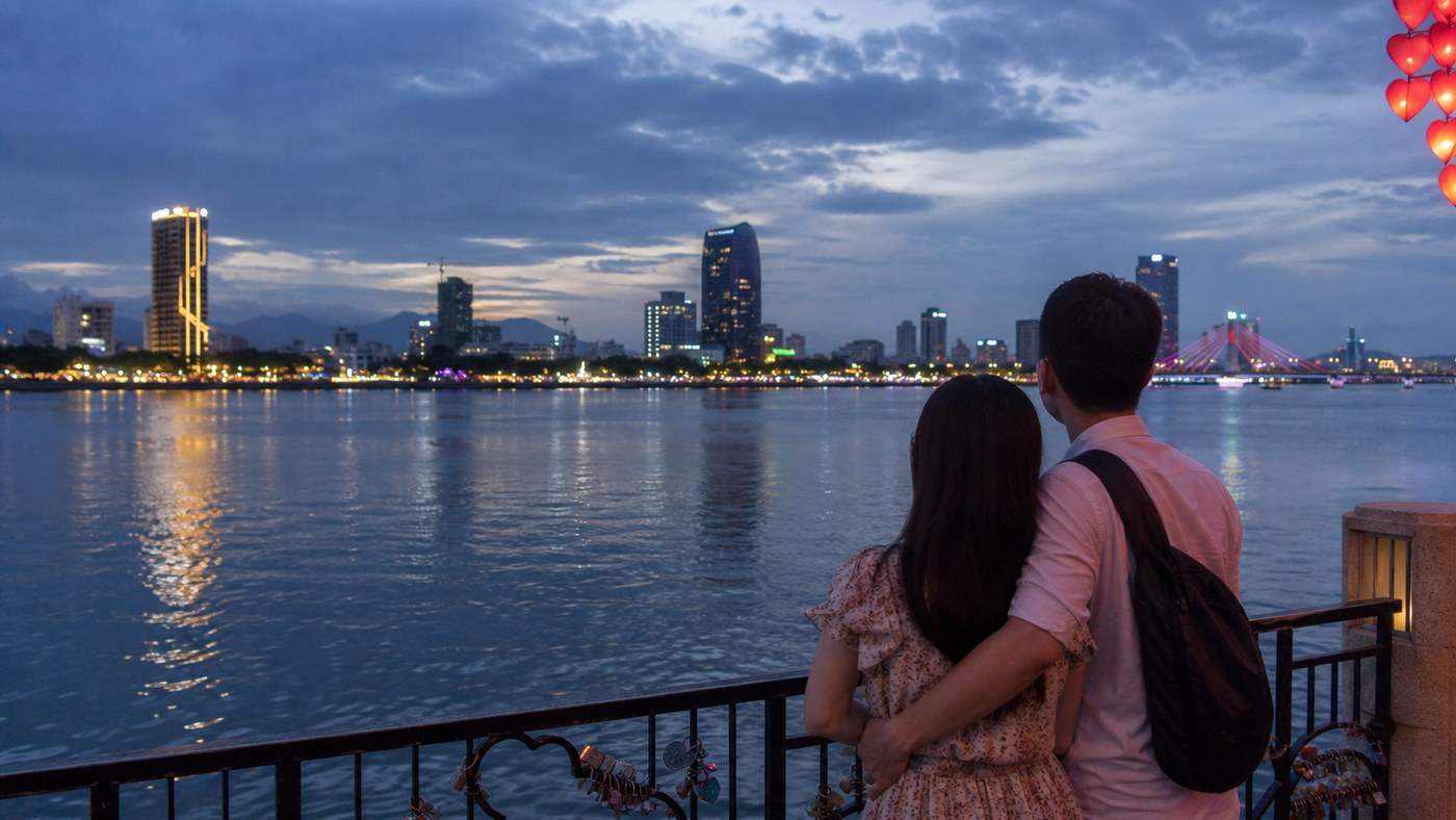 Du khách ngắm sông Hàn từ Cầu Tình Yêu Đà Nẵng vào buổi tối