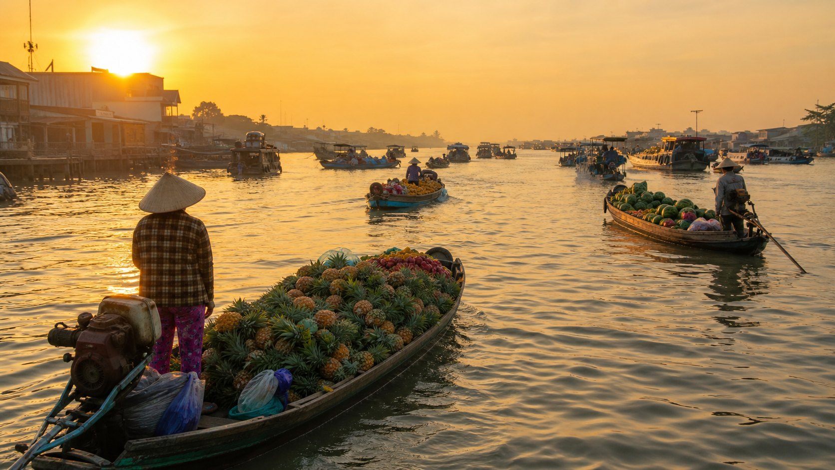 Chợ nổi Cái Răng trong ánh sáng bình minh