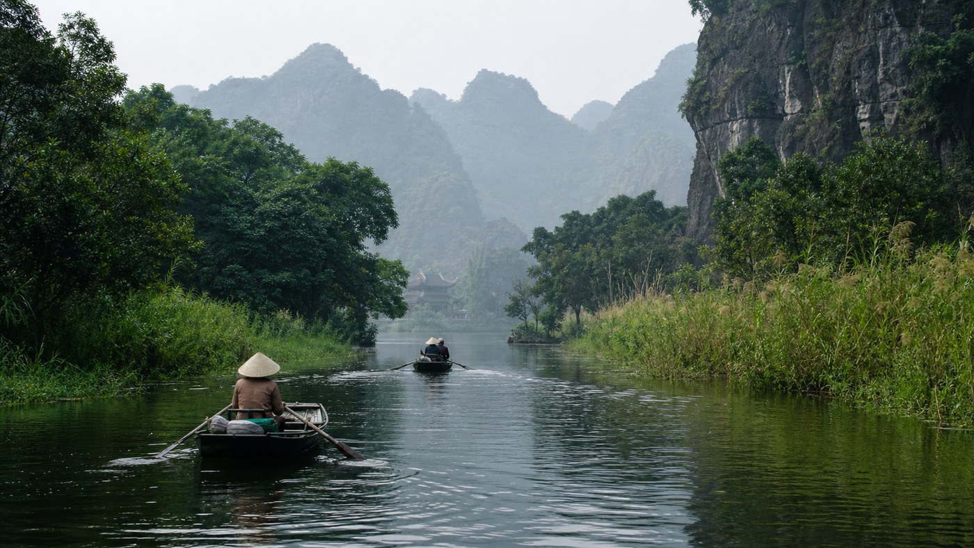 Thuyền đi trên suối Yến giữa núi đá vôi ở Chùa Hương