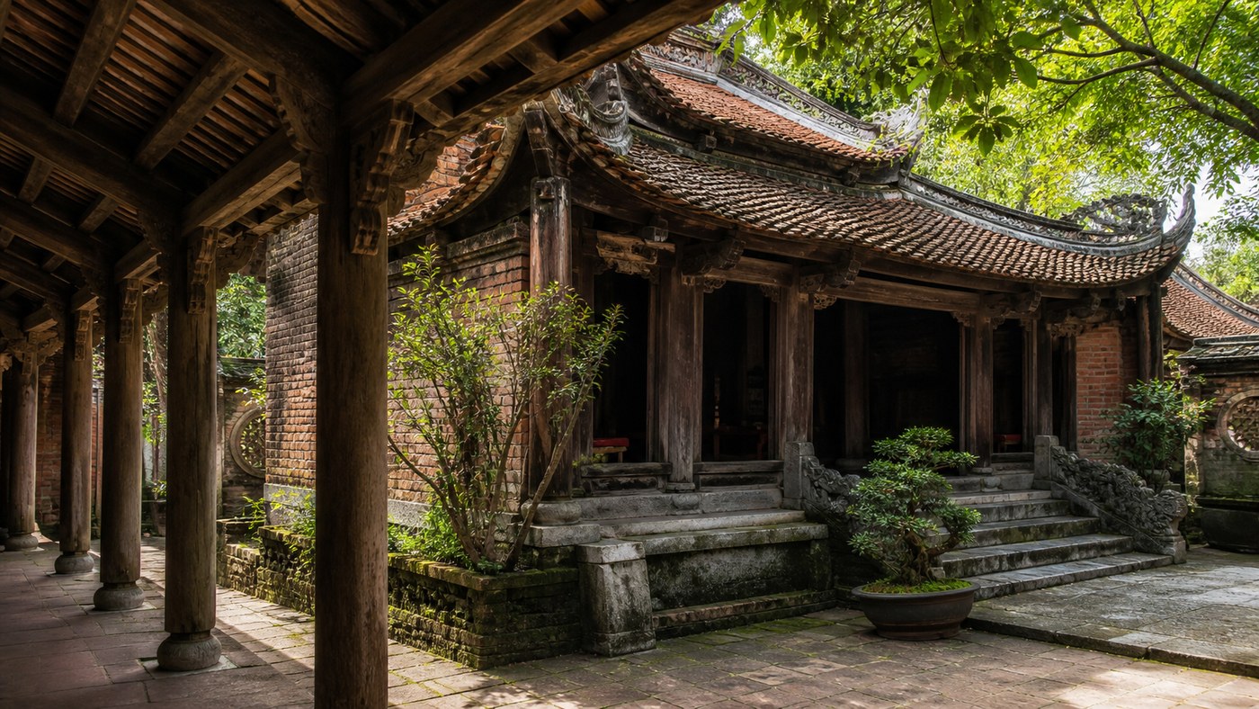 Hành lang gỗ và chính điện cổ tại Chùa Linh Sơn Khánh Hòa