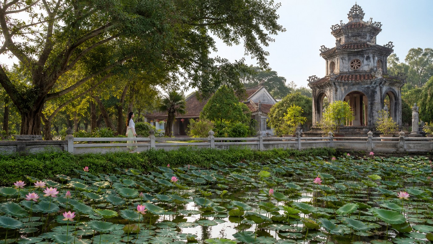 Hồ sen và khuôn viên xanh tại Chùa Linh Sơn Vạn Ninh