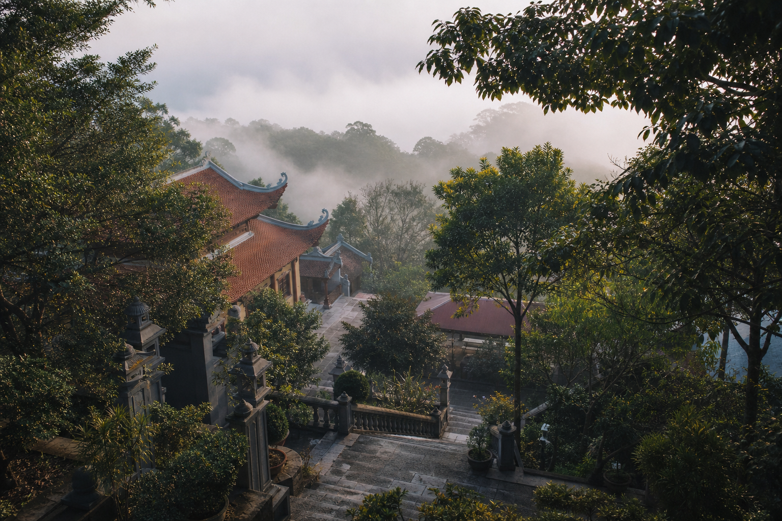 Panoramic view of Thien Tuong Pagoda and the surrounding mountains