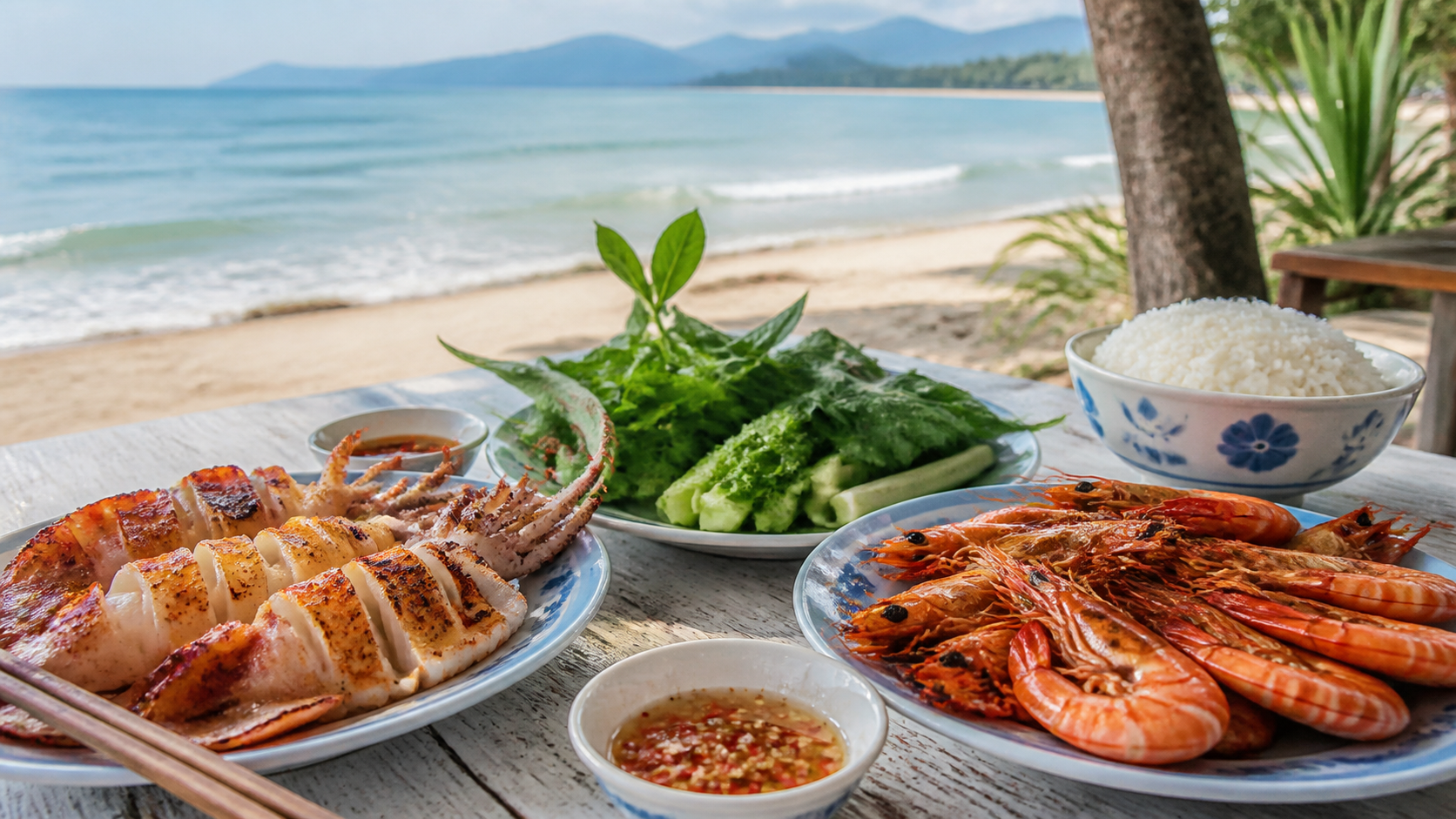 Hải sản địa phương bên bãi biển Bình Minh Quảng Nam