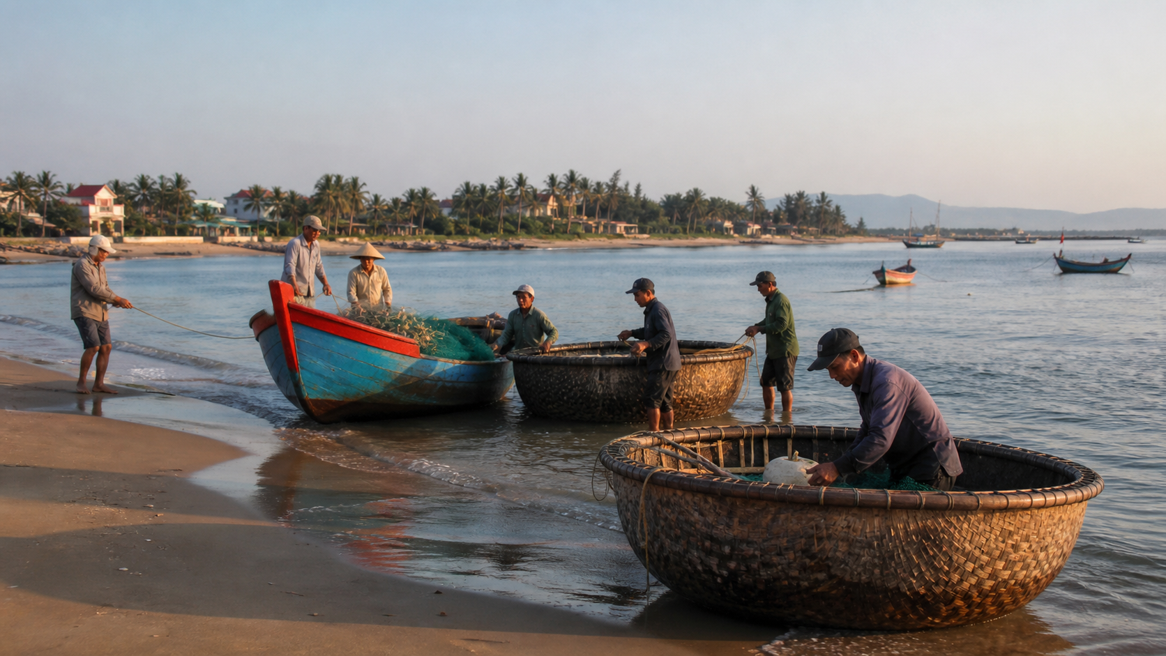 Ngư dân và thuyền thúng bên bờ biển Bình Minh