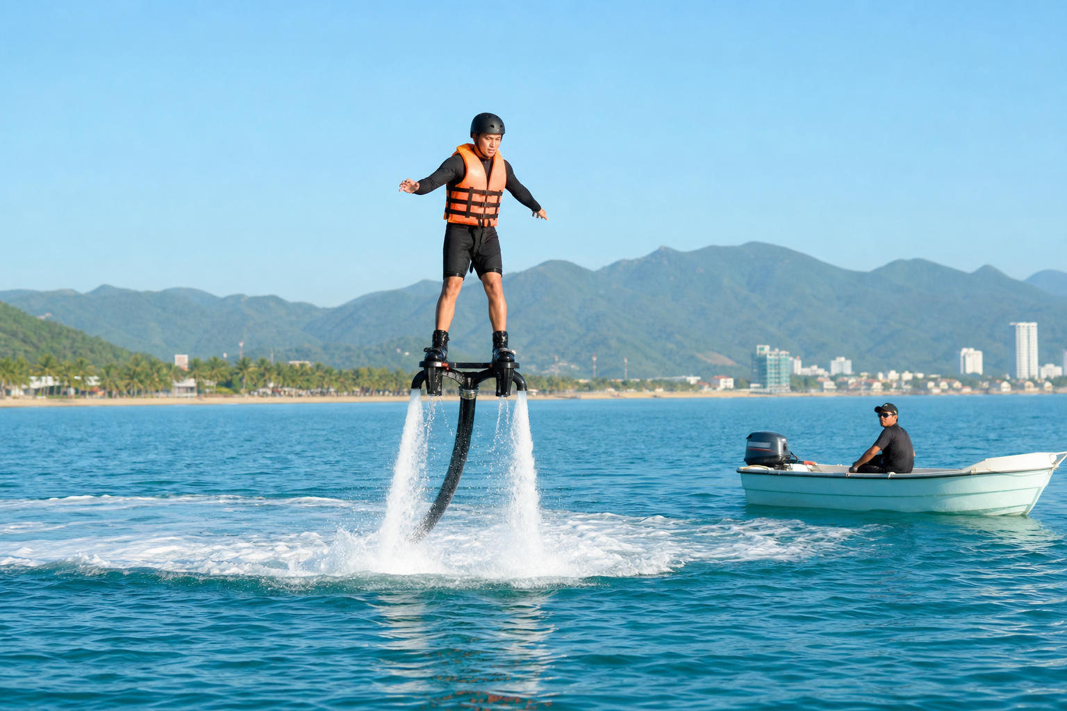Người chơi flyboard trên mặt biển với áo phao và mũ bảo hộ