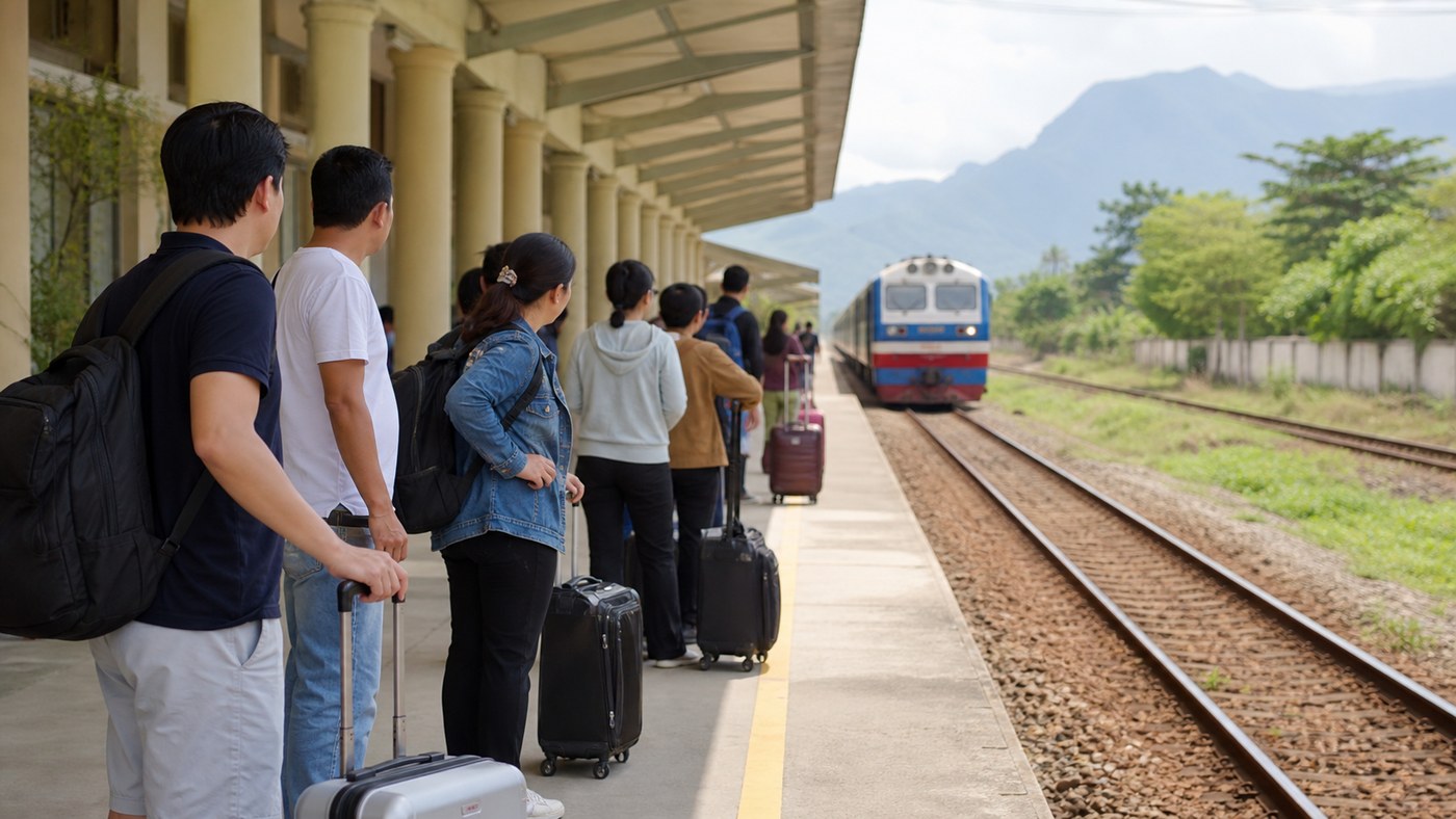 Hành khách đứng sau vạch an toàn chờ tàu tại sân ga Phú Yên
