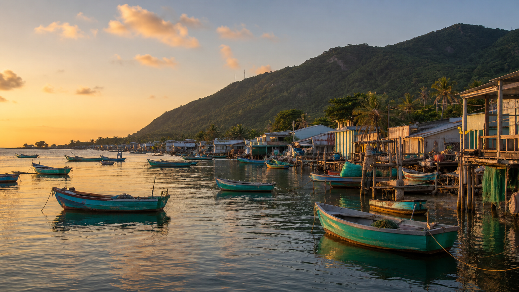 Thuyền cá trong làng chài Hòn Sơn vào buổi sớm