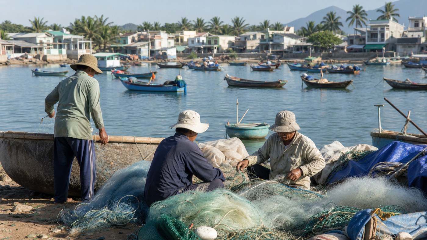 Ngư dân sửa lưới bên bến làng chài Nha Trang