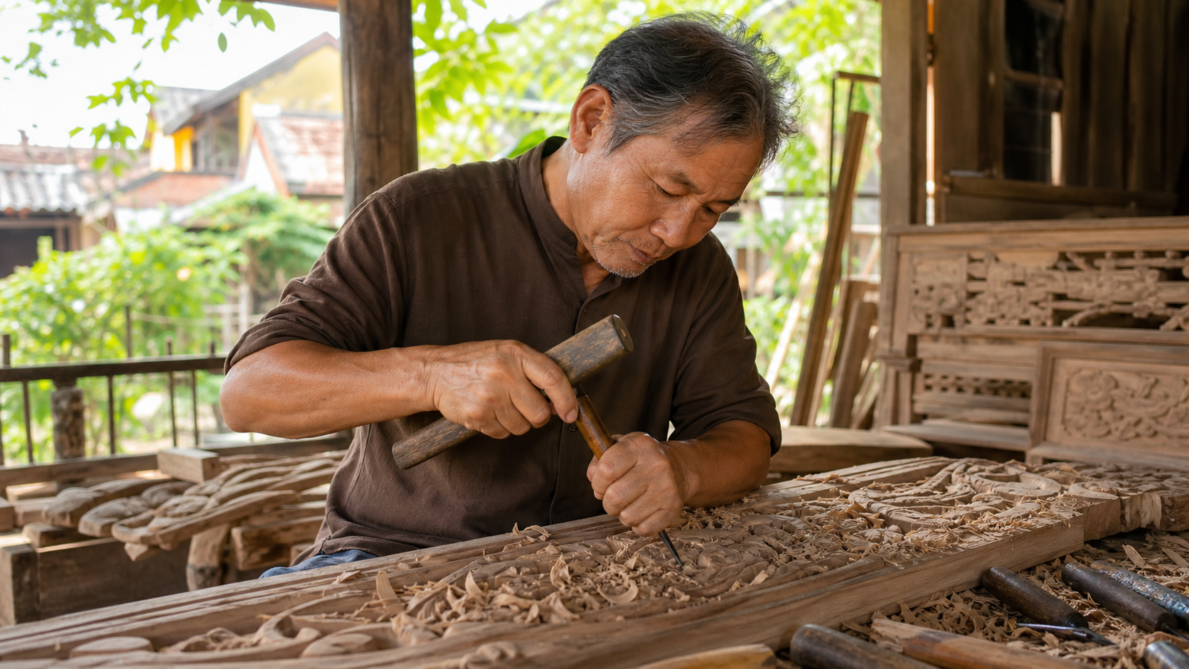 Nghệ nhân làng mộc Kim Bồng chạm hoa văn trên tấm gỗ