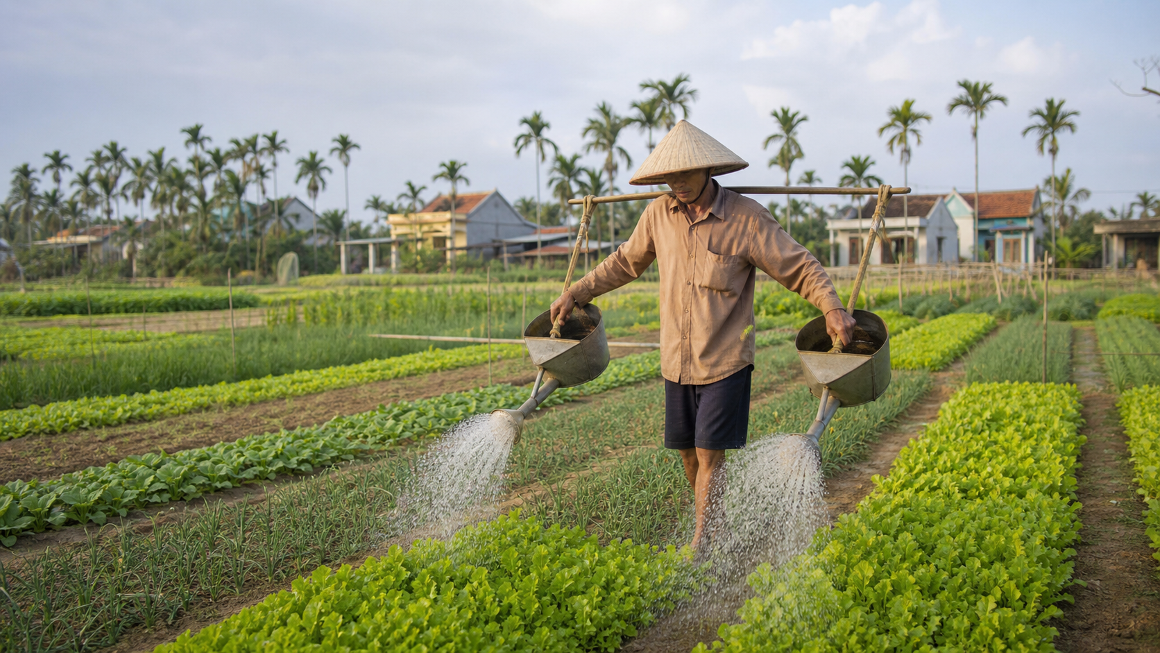 Nông dân tưới những luống rau xanh tại làng Trà Quế