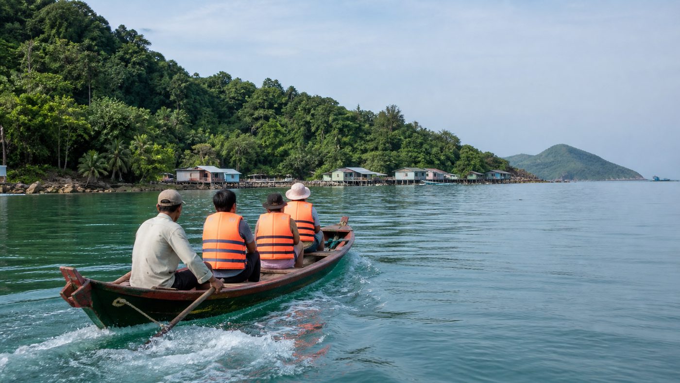 Du khách mặc áo phao đi thuyền từ Rạch Vẹm đến Mũi Hàm Rồng Phú Quốc