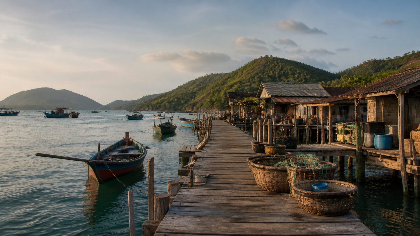 Cầu gỗ và thuyền tại một làng chài trên đảo ở Nha Trang