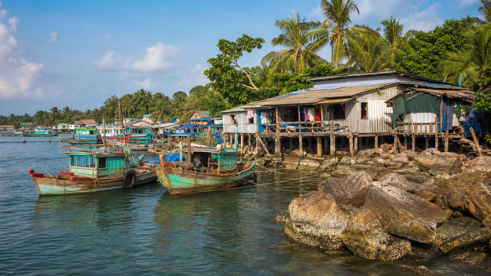 Làng chài và thuyền gỗ ven biển Phú Quốc