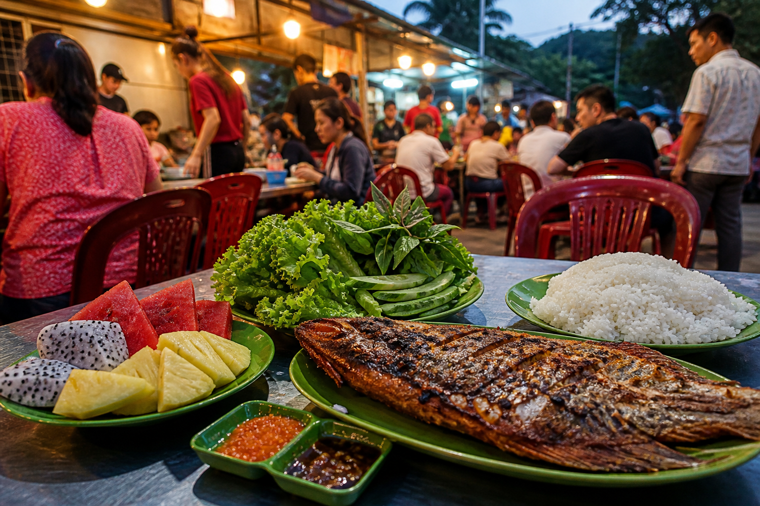 Bữa ăn địa phương với cá nướng và rau tại Phú Quốc
