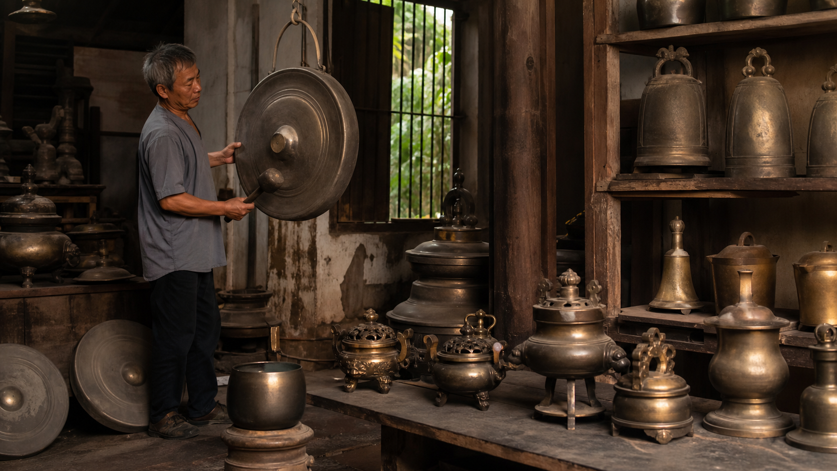 Nghệ nhân kiểm tra cồng và các sản phẩm đồng hoàn thiện