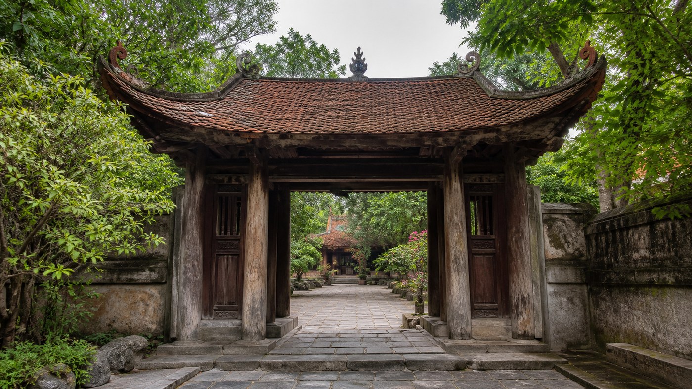 Cổng gỗ và sân lát đá trong khuôn viên Chùa Phước Lâm