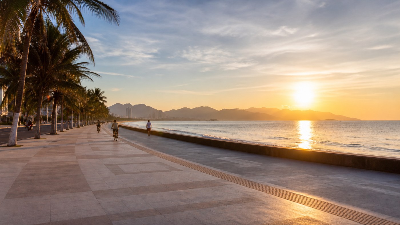 Lối đi bộ ven biển gần Quảng trường 2/4 Nha Trang trong nắng sớm