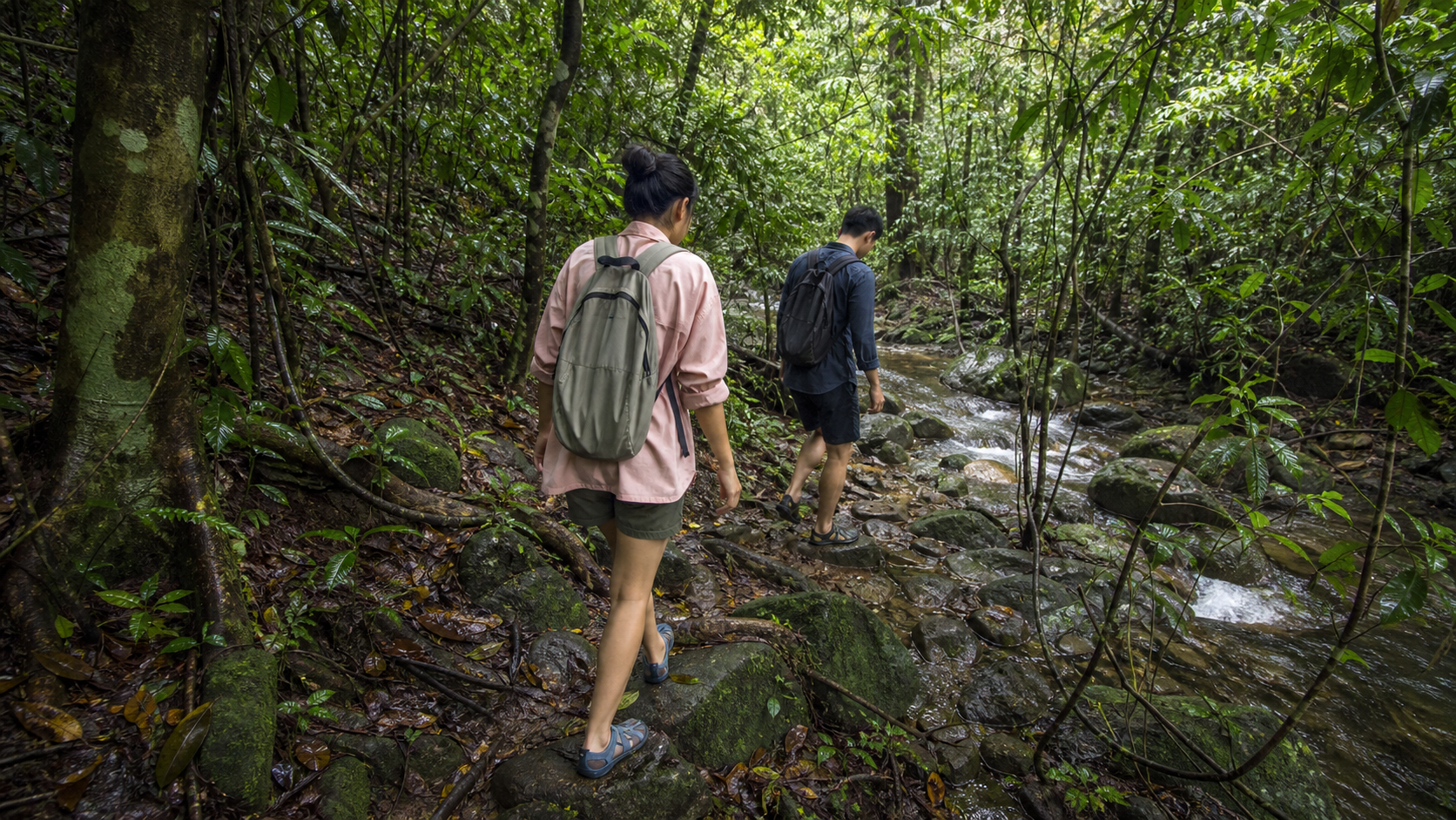 Hai người đi bộ trên lối rừng ẩm dẫn vào suối Mơ
