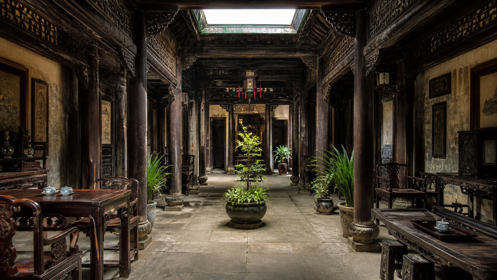 Sân trời và hệ cột gỗ bên trong nhà cổ Hội An