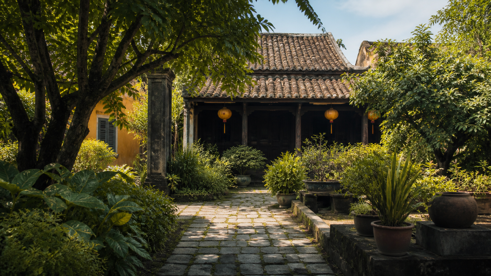 Lối đi xanh trong khu vườn của nhà cổ Hội An