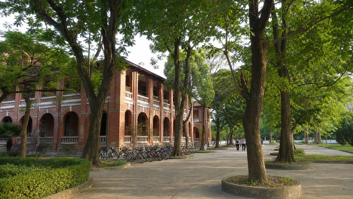 Dãy nhà cổ và sân cây xanh trong khuôn viên Quốc Học Huế