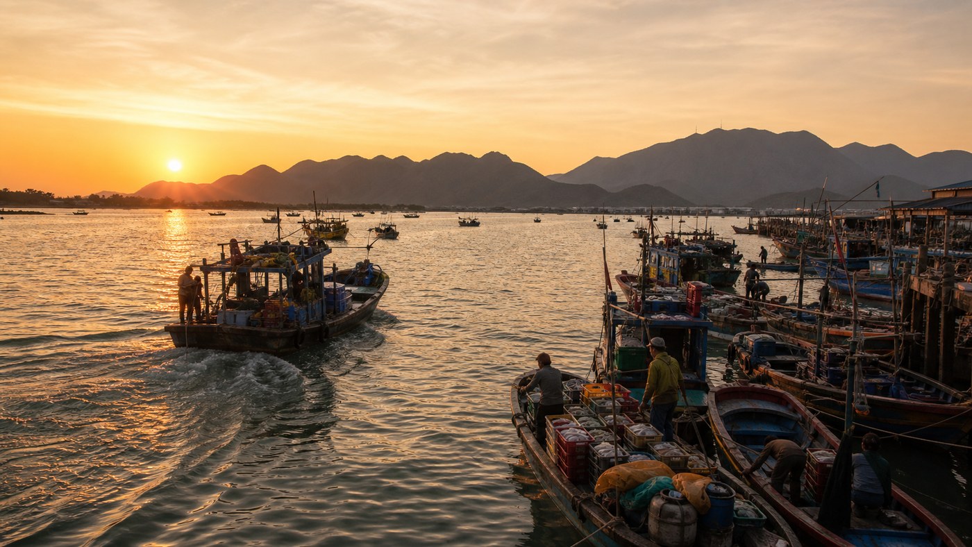 Thuyền cá trở về cảng Vạn Giã Khánh Hòa vào sáng sớm