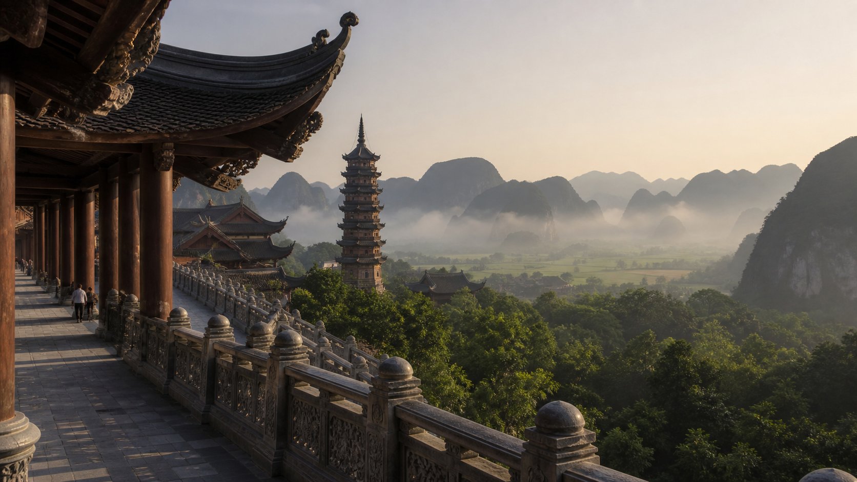 Hành lang chùa và núi đá vôi Ninh Bình trong nắng sớm