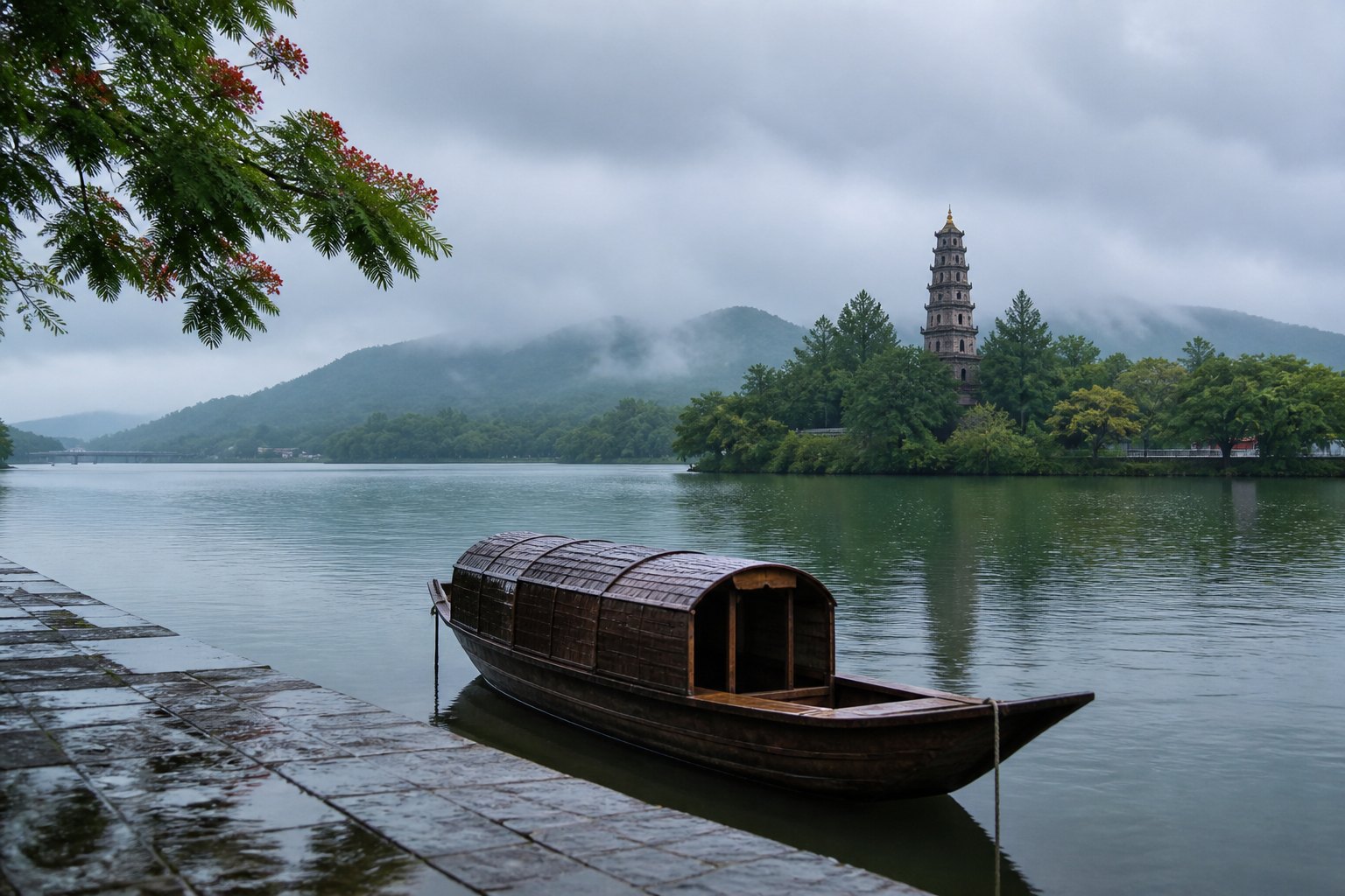 Sông Hương và ngôi chùa cổ trong một ngày mưa nhẹ ở Huế