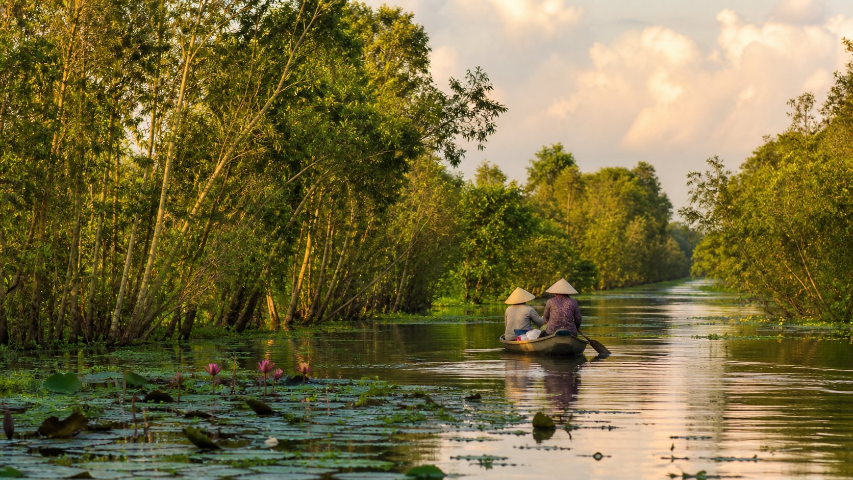 Thuyền nhỏ đi giữa rừng tràm miền Tây trong mùa nước nổi